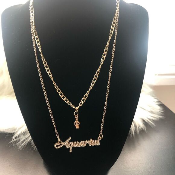 18 K Gold Plated Double Layer Diamond  Aquarius Zodiac Sign Necklace - Picture 1 of 5